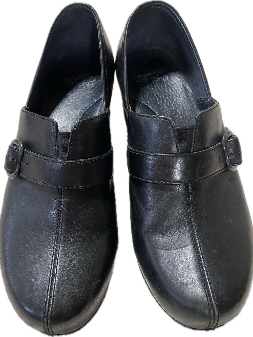 Dansko Black Leather Buckle-Accent Slip-On Clogs